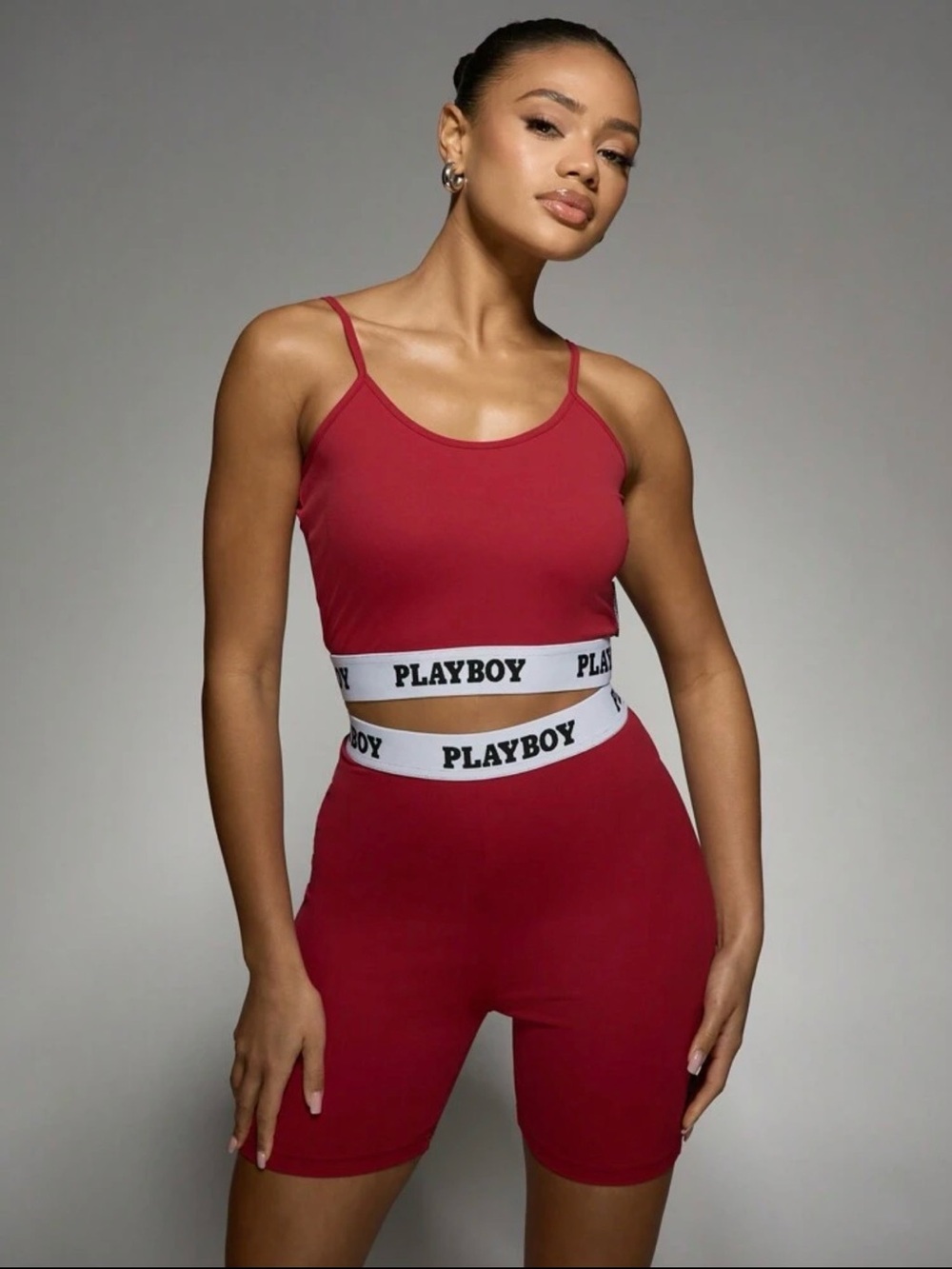 PLAYBOY Red Crop Cami & Biker Shorts Set with Branded Waistband
